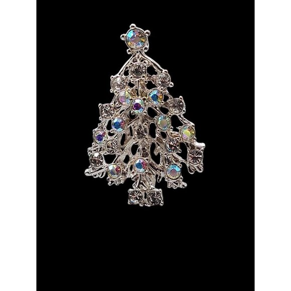 Aurora Borealis Christmas Tree Brooch Silver Tone Sparkling Prong Set Rhinestone - Picture 7 of 10